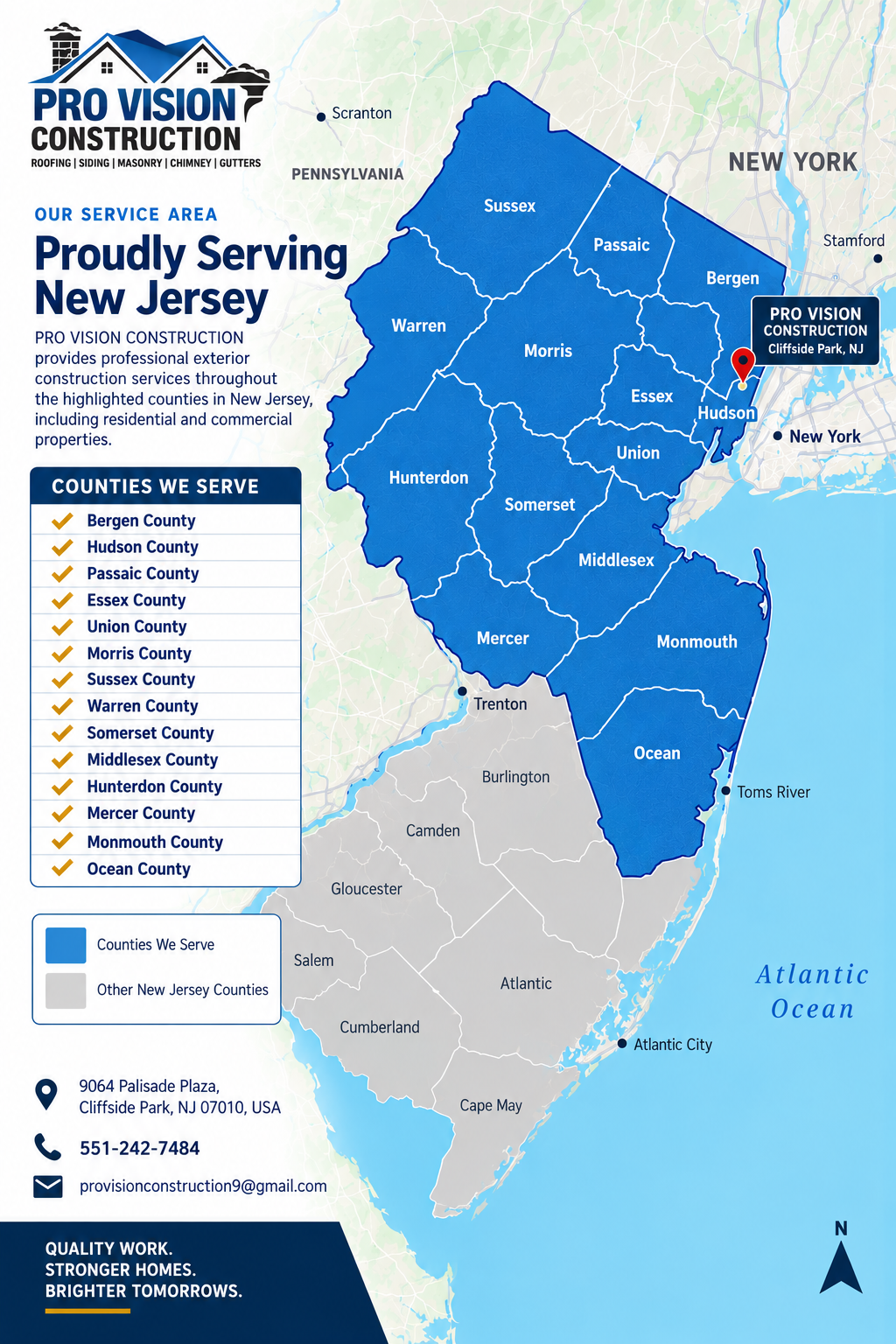 PRO VISION CONSTRUCTION New Jersey service area map showing Bergen, Hudson, Passaic, Essex, Union, Morris, Sussex, Warren, Somerset, Middlesex, Hunterdon, Mercer, Monmouth and Ocean counties